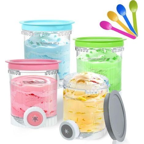 Pour 4 pièces Ninja Swirl Creami conteneur 480 ml récipient à crème glacée pour sorbetières Ninja Creami séries NC701 et NC700 - Sans BPA lavable au lave-vaisselle(pack de 4 avec cuillères colorées) (1/5)