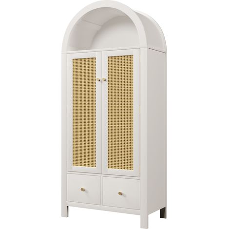 Weißer Kleiderschrank 181x78x45 cm mit Rattan-Optik, 2 Türen, 2 Schubladen und Kleiderstange (1/5)