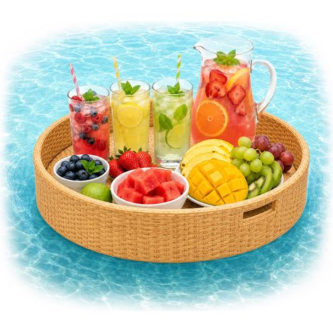 Relaxdays Schwimmendes Tablett, 2 in 1 Pooltablett für Getränke & Snacks, HD: ca. 20x60 cm, Rattan, unsinkbar, natur (1/5)