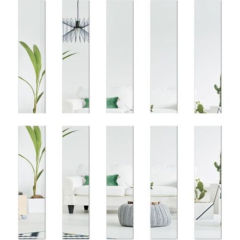 Lot de 10 miroirs en verre - 5 x 20 cm chacun - Carreaux de miroir - Décoration murale - Autocollants rectangulaires - Effet 3D - Miroir mural autocollant - Bricolage sans cadre - Argenté