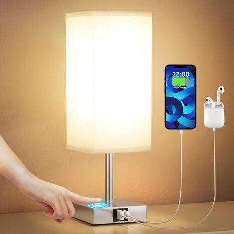 Lampe de chevet ACKERMAN avec ports USB A+C, commande tactile, 3 niveaux d’intensité, abat-jour en tissu TC gris, base métallique, pour salon/chambre/hôtel (ampoule incluse) (1/4)