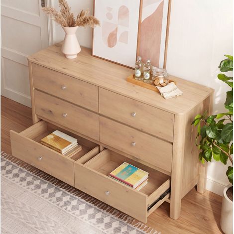 Cassettiera 120x40x80 cm con 6 cassetti, pratica soluzione per riporre oggetti in camera da letto, soggiorno o ingresso, in truciolato di rovere. (1/5)