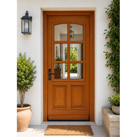 Porta d'ingresso in legno con vetrata Agatha, H.215xL.80 cm, lato tavolo, P. dritto, maniglia, cilindro Gd Menuserie