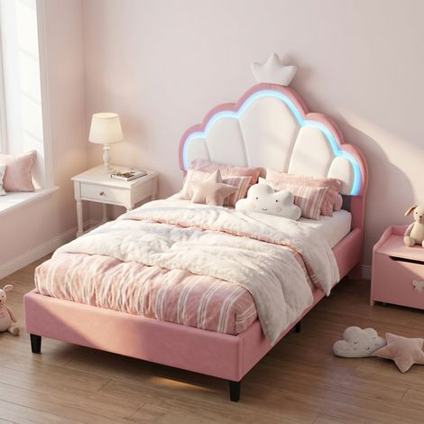 Letto per bambini 90x190 cm, letto singolo con LED RGB, testiera regolabile a forma di nuvola e corona, rivestimento in velluto, stile moderno fiabesco, rosa