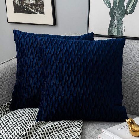 Housses Coussin en Velours 45x45cm pour Salon Canapé,Lot de 2 Housses Coussin Carrés de Motif uni Décoration Chambre, Bleu Marin (1/5)