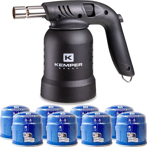 Lampe à souder à gaz Professionnelle 360° Chalumeau gaz Allumage piezo + 8 Cartouches gaz Perçables KEMPER