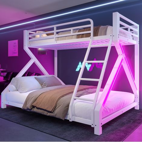 Cama litera (90x200 cm y 140x200 cm), con tira LED, barandilla de seguridad, estructura de metal blanco (1/5)