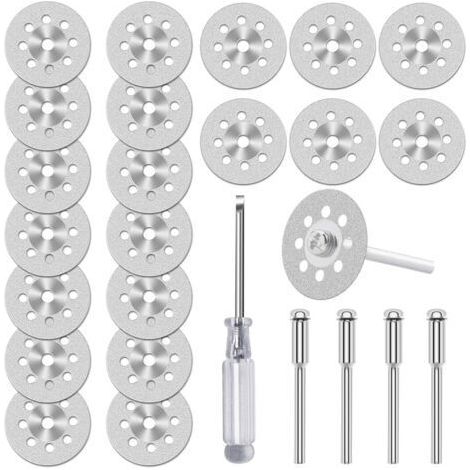 Lot de 20 Disques de Coupe Diamantés (22 mm) pour Outil Rotatif Dremel, Mini Disques à Tronçonner Revêtus de Diamant, Avec 4 Mandrins de 3 mm et Tournevis, pour Verre, Pierre, Carrelage