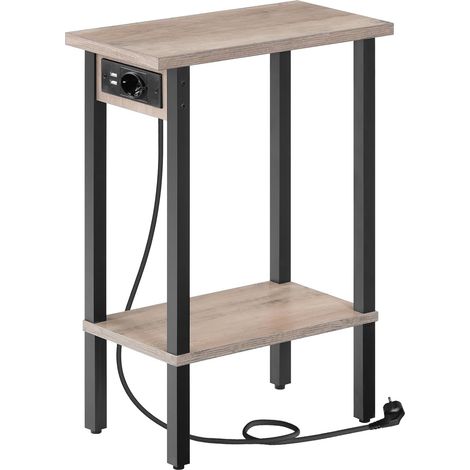 Table d’Appoint étroite, Bout de Canapé à 2 Niveaux avec Station de Charge, Table de Chevet avec Rangement, pour Petit Espace, Salon, Chambre, Bureau, Gris Patiné et Noir (1/5)