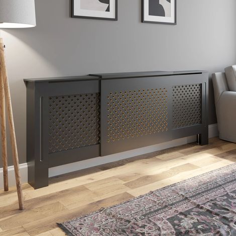 Radiator Cover Adjustable - Anthracite Cross Pattern 1390-2120mm Modern MDF (1/4)