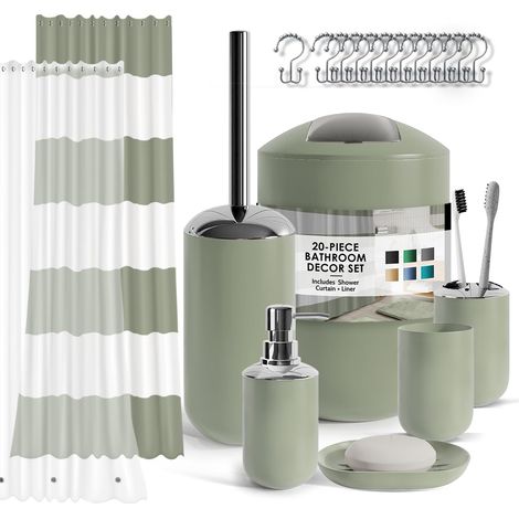 Bathroom Set - Sage Green Bathroom Accessories Set, 20PC Bathroom Accessory Set, Shower Curtain Set with Liner, Toothbrush Holder, Soap Dispenser, Soap Dish, and Toilet Brush Holder (1/5)