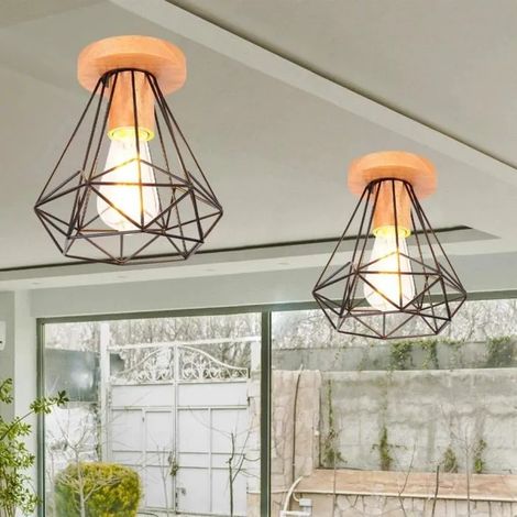 U-Do 2Pcs Plafonnier Intérieur style Vintage Cage frome Diamant en Métal Noir Lampe en Bois pour Salon Cuisine (1/4)