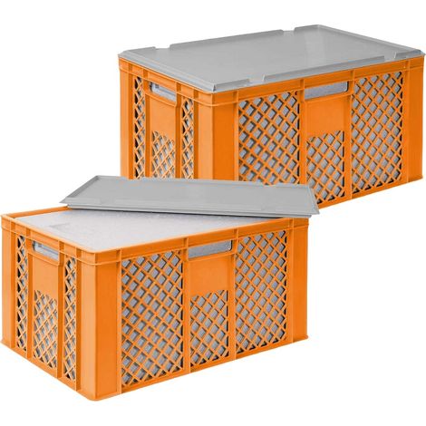 BRB Set, 2x 31,6 Liter Thermobox aus EPS in Eurobox durchbrochen 600x400x320, orange, mit Deckel grau… (1/3)