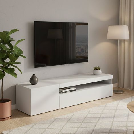 Dmora - Fernsehschrank Dmangoni, Niedriges Sideboard für Wohnzimmer mit 2 Türen, Sockel für TV-Möbel, 100 % Made in Italy, cm 150x40h37, glänzend weiß (1/5)