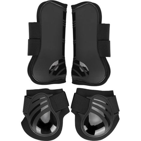 2 paia di spessi stivali elastici in PU per cavalli, stivali anteriori e posteriori, protezione per le gambe per allenamento e salto, neri M-Crezuo