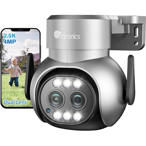 Ctronics 2,5K 4MP Überwachungskamera für den Außenbereich mit 2 Objektiven WLAN 2,4 / 5 GHz, 6-facher Hybrid-Zoom, Automatische Verfolgung, Erkennung von Menschen, Farb-Nachtsicht, Grau (1/5)