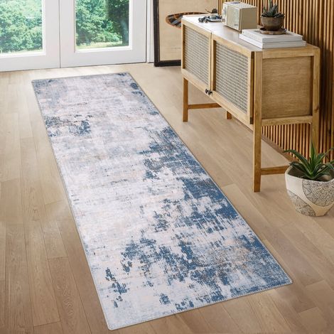 Tapis de couloir moderne Haperlare, tapis abstrait lavable, tapis de couloir bohème, tapis d'intérieur doux et antidérapant, 60 x 180 cm, bleu/marron
