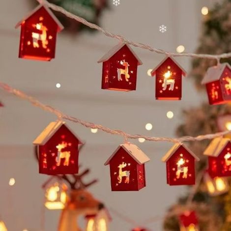 Casetta di Natale in legno - Catena luminosa a LED - Decorazione per albero di Natale - Illuminazione d'atmosfera - Illuminazione decorativa per ambienti - 3 metri di lunghezza - 20 batterie (1/2)
