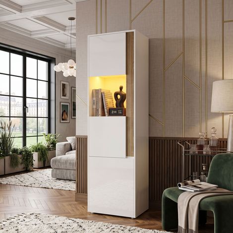 Creahappy Vitrine Haute Salon 50x40x179 cm - Colonne Rangement avec LED Multicolore et Porte Acrylique - Style Contemporain Blanc et Chêne (1/5)