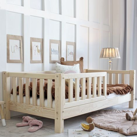 Letto 80x160 con barriera e rete a doghe inclusa piedi 10 cm Agnès Bois (1/4)