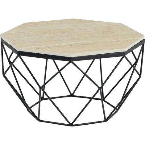 Couchtisch NEXORA 70 cm aus beigem Travertin und schwarzem Metall in geometrischem Design
