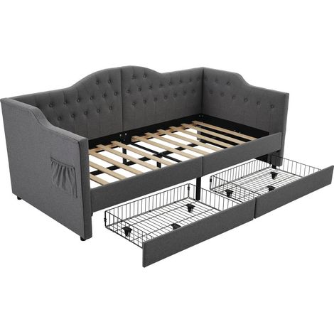 Lit capitonné, canapé-lit, lit de rangement avec chargeur USB Type C et 2 tiroirs, lin gris (matelas non inclus) - 90x200 cm (1/5)