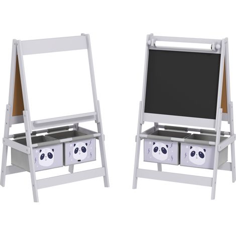 Lavagna per Bambini 54x46,5x93 cm con Cavalletto 3 in 1 e 2 Contenitori in MDF e Legno Grigio (1/5)