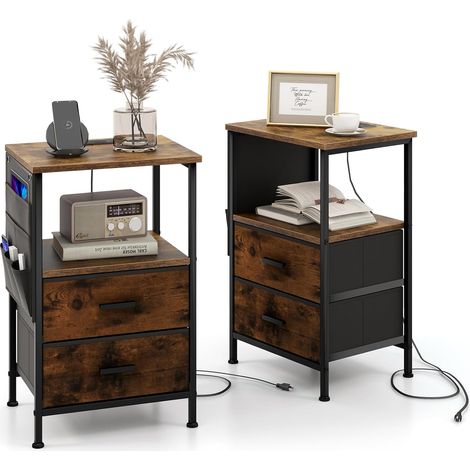 COSTWAY Table de Chevet avec Prise, Table d'Appoint avec Station de Charge, 2 Tiroirs Pliables, 6 Poches Latérales, Table de Chevet Connectée pour Chambre, Salon, Marron Rustique (2, Marron Rustique) (1/5)