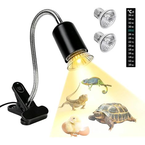 Lampe Chauffante Tortue, Lampe Reptiles avec 2 Ampoule UVA UVB 50W, E27 Douille Ampoule, Ampoule Chauffante Tortue avec Thermomètre et Pince Pivotante à 360 °, pour Reptiles, Tortue, Serpent (Noir) (1/5)