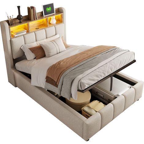 Lit coffre 90x200 cm avec LED changeantes, ports USB et C, tête de lit avec rangements, cadre métal, finition beige – CHICFURN (1/5)