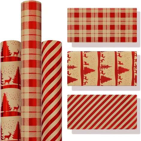 3 Rollen Weihnachtsverpackungspapier 43×300CM Rotes Kraftpapier, recycelbar, für Weihnachten, Neujahr und Feiertage (1/2)