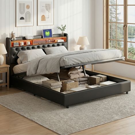 Letto contenitore 180x200, illuminazione LED RGB e porte USB, letto matrimoniale capitonné, letto per adulti con apertura idraulica, testiera con vano contenitore, stile scandinavo, Nero (1/5)