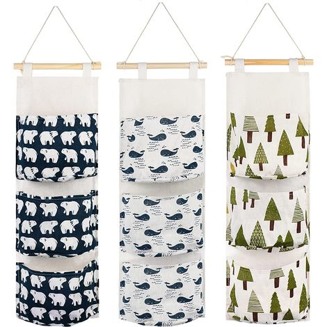 Sac de rangement suspendu 3 pièces avec 3 poches en tissu de qualité supérieure étagère murale panier sac de rangement organisateur pour chambre salle de bain cuisine - étanche et élégant (ours/arbre/ (1/5)