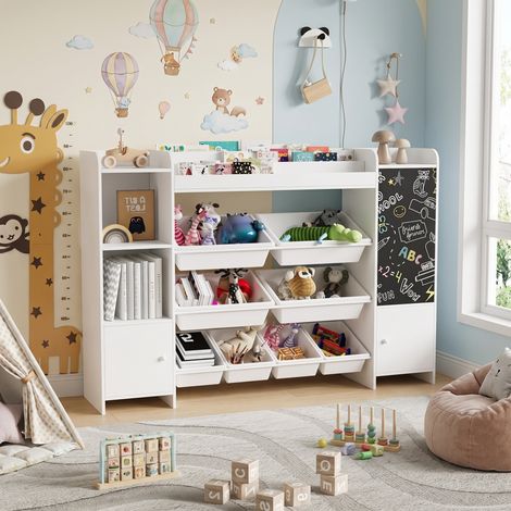 Bibliothèque enfant 137x30x94.5 cm pour chambre et salle de jeux - meuble de rangement montessori avec 8 bacs et tableau noir - bois - blanc