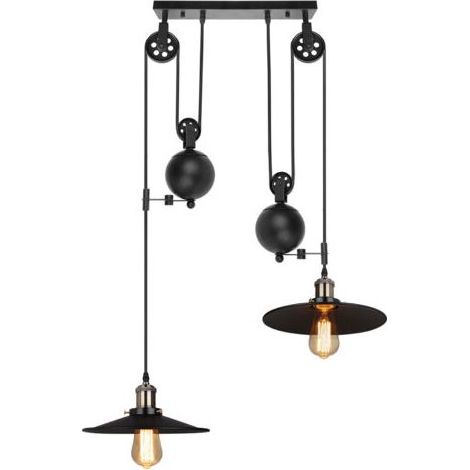 Vintage-Pendelleuchte, antiker Retro-Kronleuchter mit Seilzug, 2-flammig, schwarze Metall-Hängeleuchte, E27-Fassung, Deckenleuchte für den Innenbereich (1/5)
