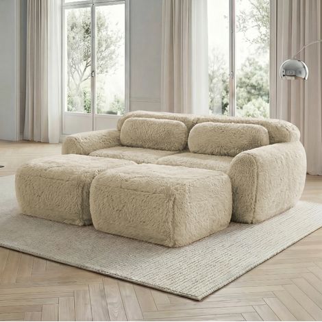 Modulares 2-Sitzer-Sofa hellkhaki aus Plüsch mit 2 Ottomane, montagefrei (1/5)
