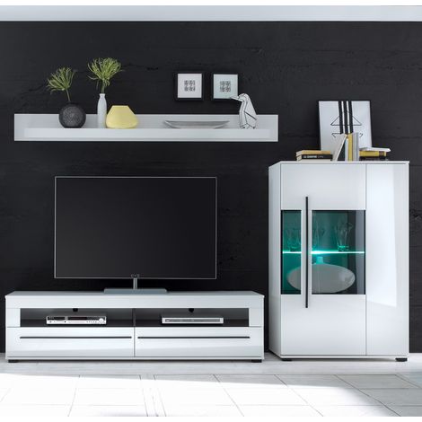 Wohnmöbel-Set in Hochglanz weiß COLORADO-61 TV-Lowboard und Highboard mit schwarzen Relinggriffen BxHxT: 285x170x47cm (1/5)