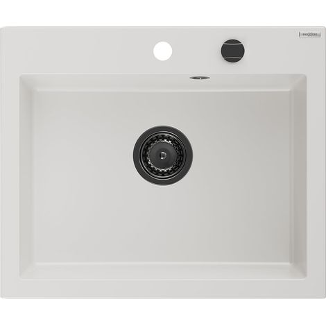 Mexen Elix lavello da cucina in granito a 1 vasca 600 x 500 mm, bianco, sifone nero - 6525601005-20-B (1/5)