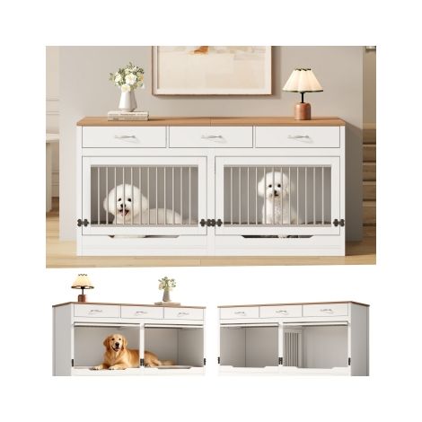 Cage pour 2 chiens en bois et métal, niche d'intérieur avec serrure, porte à charnières, séparateur amovible, 3 tiroirs, aspect bois et blanc, dimensions généreuses : 164 × 60 × 81 cm