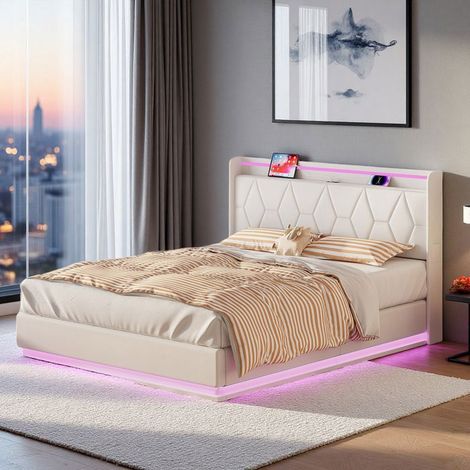Letto 140x200 cm - 250505ZXY - USB - LED - Idraulico - Velluto - struttura letto matrimoniale 140x200 cm - Bianco