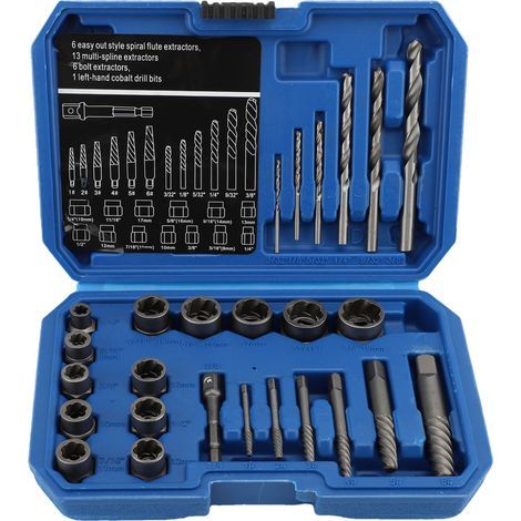 Jeu de 26 outils pour le démontage de boulons et d'écrous, tournevis hélicoïdal 40Cr, kit multifonctionnel pour le démontage d'écrous cannelés, avec foret à gauche (1/4)