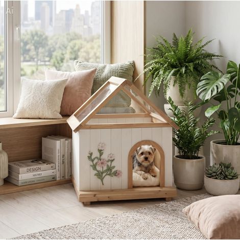 Maison pour chat en bois 68x55x80 cm blanche, toit acrylique, pour intérieur - CHICFURN (1/5)