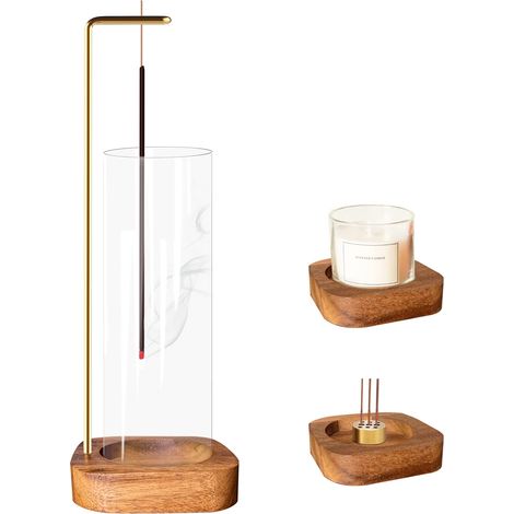 Brûleur d'encens avec bouteille en verre amovible - Récupérateur de cendres - Brûleur d'encens inversé en bois - Pour le yoga, le spa, la méditation, la décoration de bureau à domicile (1/5)