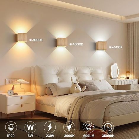 Applique Murale LED Intérieur 6W Bois, Dimmable Éclairage Mural Applique LED 3000K/4000K/6000K, Lampe Murale Vintage Up Down Luminaire Rétro pour Escalier Entrée Terrasse Dangle Salon (1PCS) (1/5)