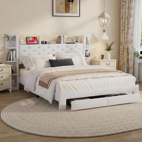 Lit avec tiroirs 140x200 cm, lit double avec 2 tiroirs et sommier à lattes, tête de lit avec rangement, éclairage USB et LED, design moderne, flanelle, Blanc