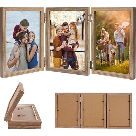 Triple Cadre Photo Pliable 3 Photos, 10 x 15 cm avec Plaque Acrylique Cadre Photo Collage pour 3 Photos, pour Chambre, Bureau, Mariage, Décoration Intérieure, Cadres Photo DIY, Marron Clair (1/5)