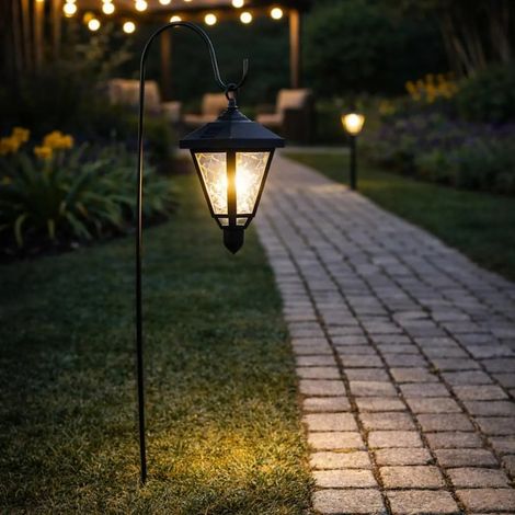 Lanterna da giardino con braccio in metallo nero e plastica, luce LED calda, altezza 22,5 cm, autonomia della batteria di 8 ore, batteria inclusa, sensore crepuscolare, resistente alle intemperie per  (1/4)