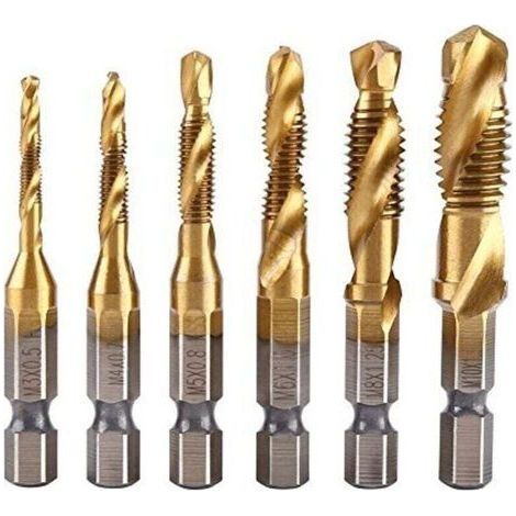 Lot de 6 tarauds filetés, foret taraud, filetage métrique M3-M10 avec revêtement en titane HSS et embouts de taraudage 1/4\" queue hexagonale cannelée pour tarauder différents fils. (1/4)