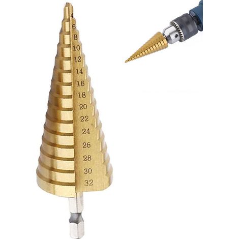 Foret Etagé, Foret Fraise Conique en HSS avec Revêtement Titane Tige Hexagonale Conception de Double Fentes 4mm - 32mm pour Visseuse Perçage sur Bois Acier Laiton Plastique (1/4)