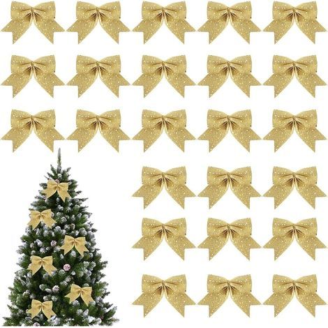 24 glitzernde Weihnachtsschleifen, Weihnachtsbandschleifen, für Weihnachtskränze, Weihnachtsdekorationen für Türen, Fenster, Gärten (Gold) (1/5)